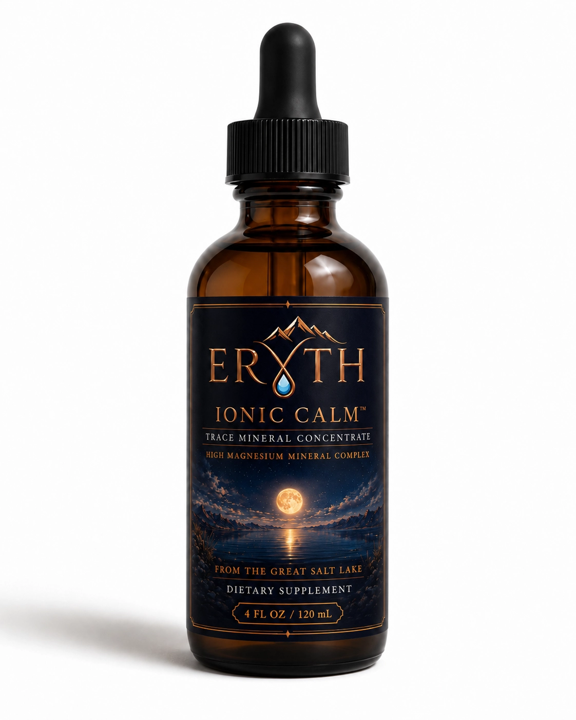 ERYTH Ionic Calm nightly liquid mineral blend with magnesium glycinate, L-theanine, lithium orotate, and ionic trace minerals formulated to support relaxation, overnight recovery, hydration, and an evening wellness routine.