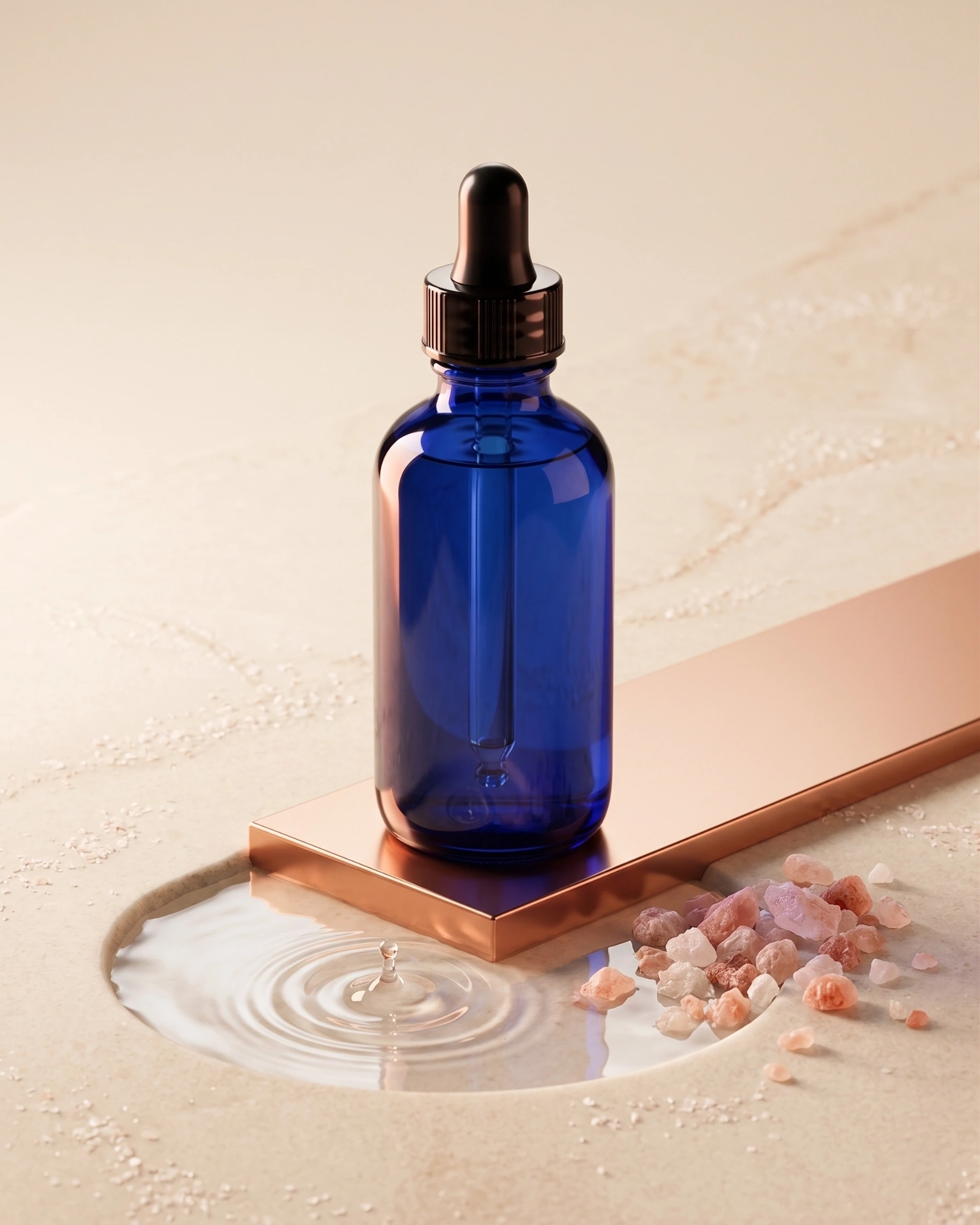 ERYTH Ionic Flow — Cobalt Blue Glass Bottle ERYTH liquid trace mineral hydration formula with premium cobalt blue glass bottle on copper podium.