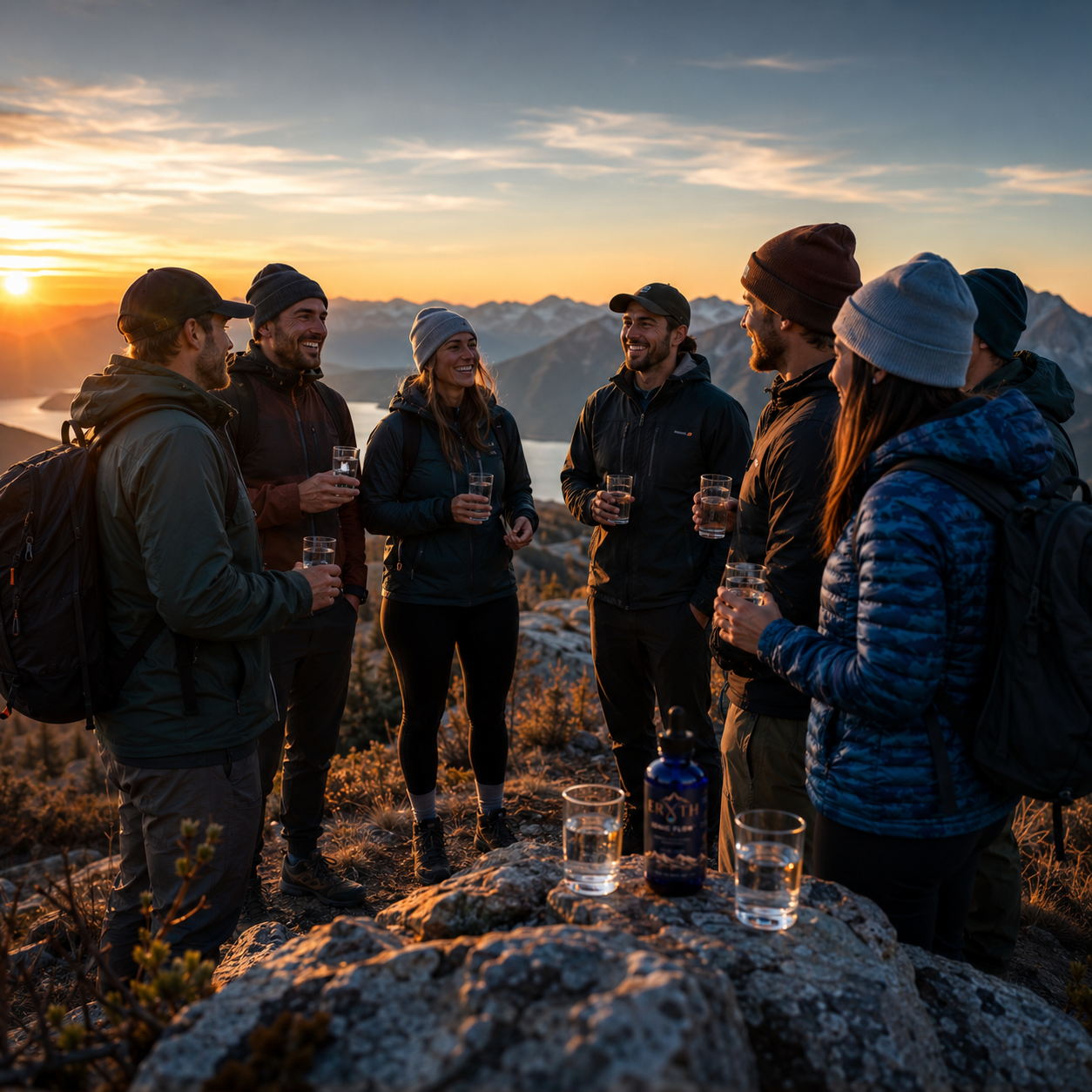 Group of hikers sharing glasses of water mixed with ERYTH IONIC FLOW™ trace minerals at mountain sunrise
