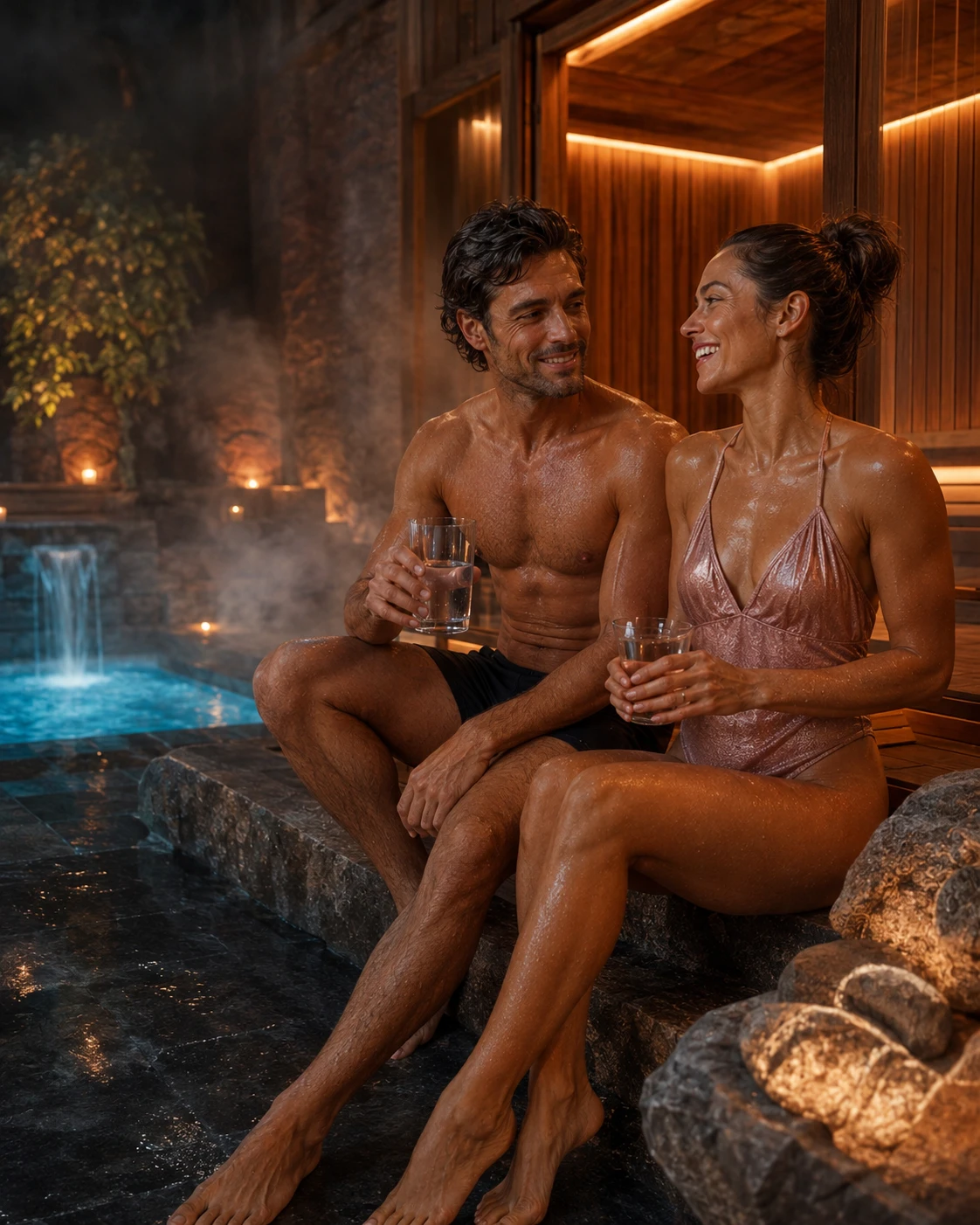 Couple enjoying recovery hydration with ERYTH trace minerals in a sauna and hot spring setting