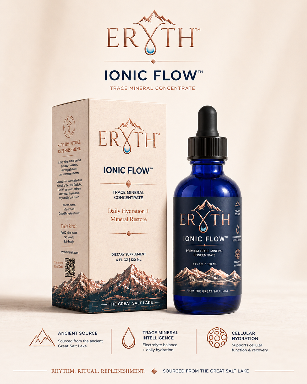 ERYTH IONIC FLOW™ 4 fl oz cobalt blue trace mineral concentrate bottle beside its kraft retail box from the Great Salt Lake