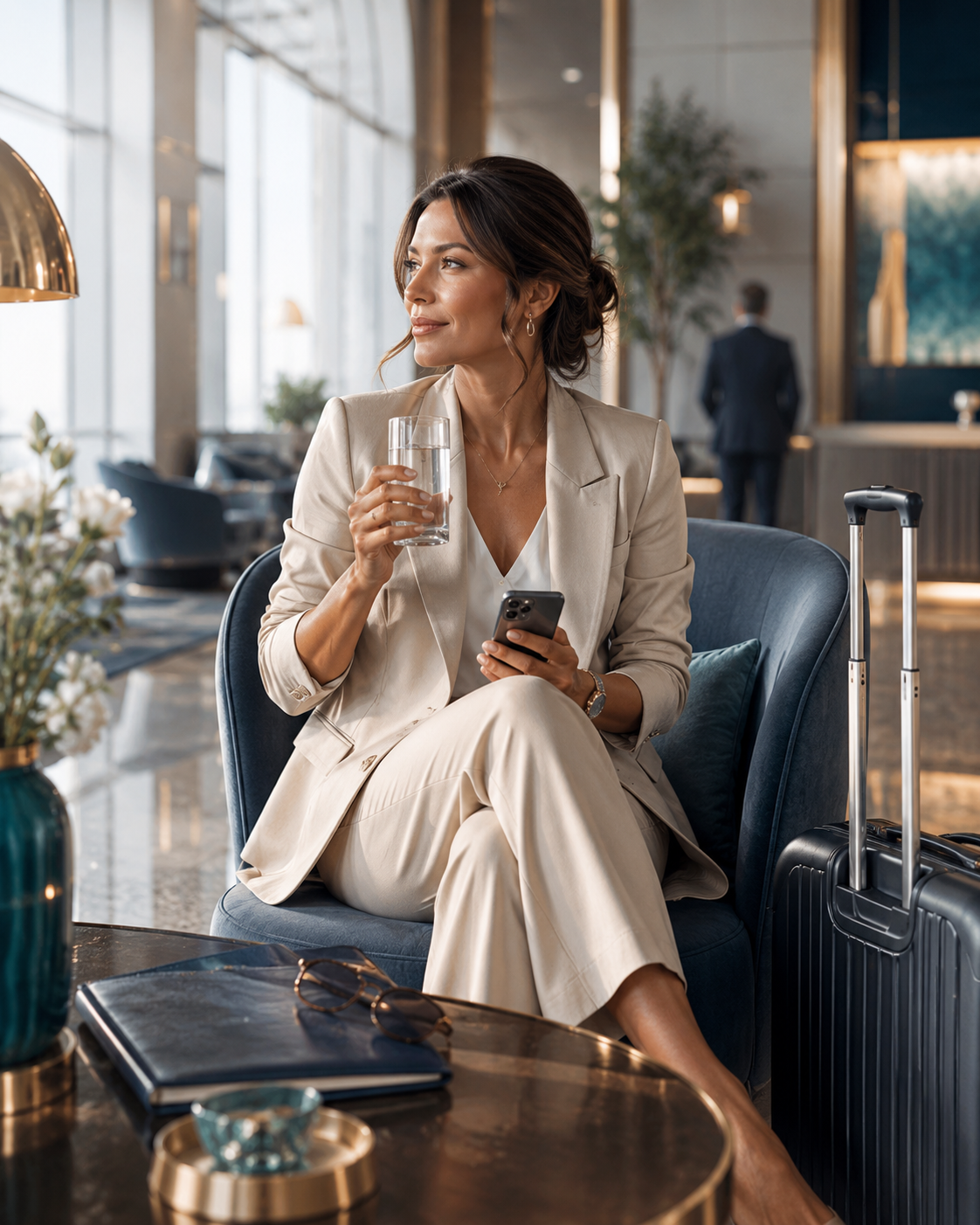 Woman enjoying a glass of water with ERYTH Ionic Flow in a hotel lobby, keeping travel hydration on track