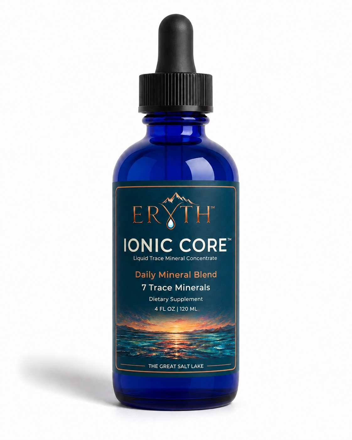 ERYTH Ionic Core liquid trace mineral blend with SolarSea® Multi-Trace and Great Salt Lake minerals formulated for daily mineral replenishment, hydration, and broad-spectrum trace mineral support.