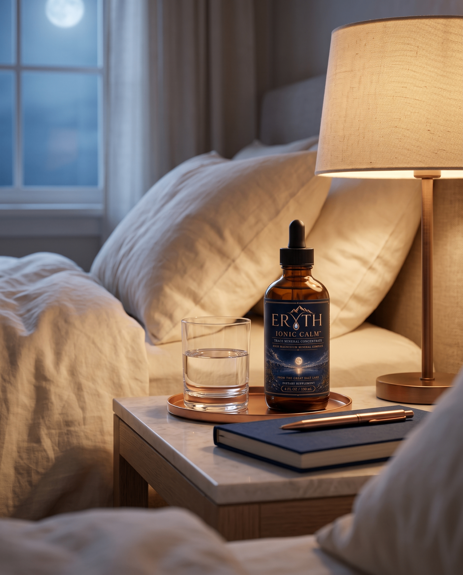 Evening wind-down ritual with ERYTH trace minerals on a dimly lit nightstand