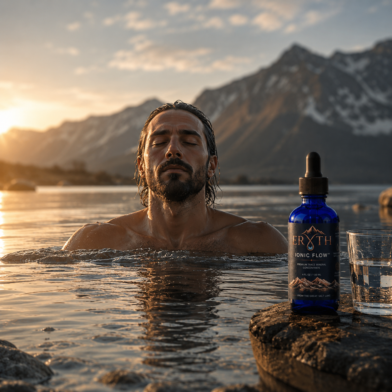 Man cold plunging in a mountain lake at sunrise with an ERYTH IONIC FLOW™ bottle and glass of mineral water on the rock