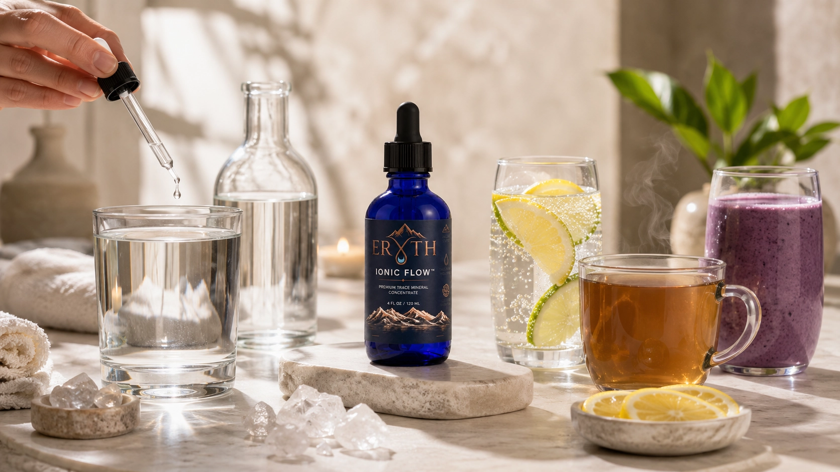 ERYTH Ionic Flow dropper adding trace minerals to a glass of water beside sparkling water with citrus, tea, and a smoothie on a marble surface