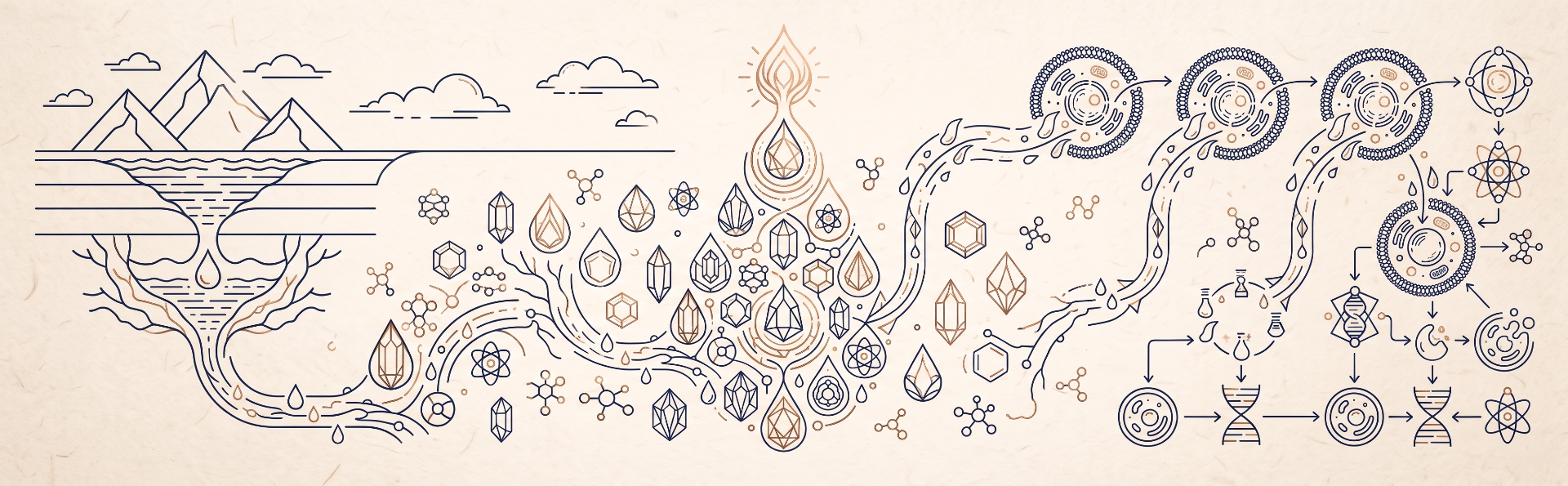ERYTH Ionic Flow — from source to cell Educational illustration: Great Salt Lake source, ionic mineral droplets, and cellular hydration pathways.
