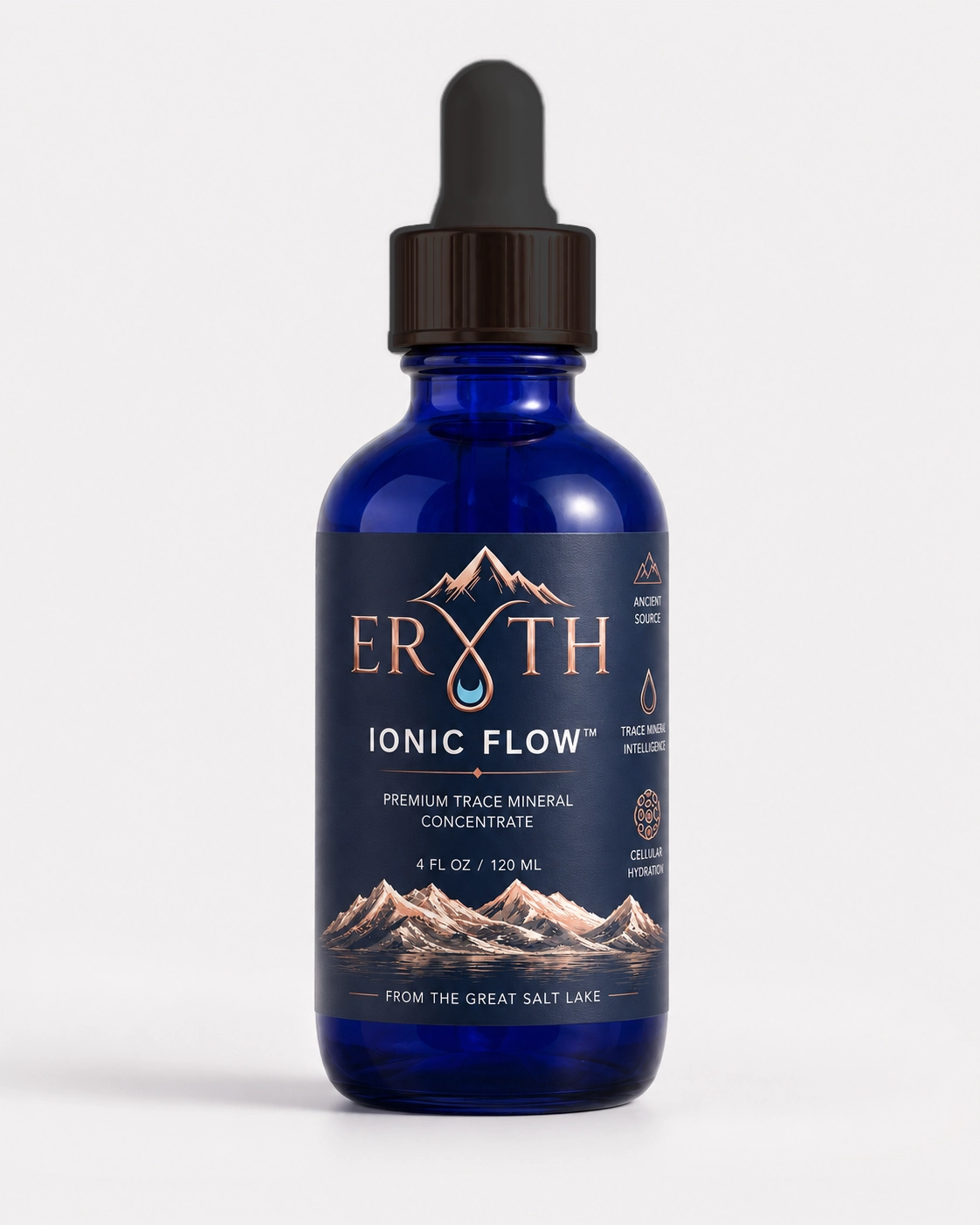 ERYTH Ionic Flow — Hydration + Daily Balance, formulated with SolarSea 100 ERYTH Ionic Flow — Hydration + Daily Balance dropper bottle, 4 fl oz / 120 mL, formulated with SolarSea 100 from the Great Salt Lake