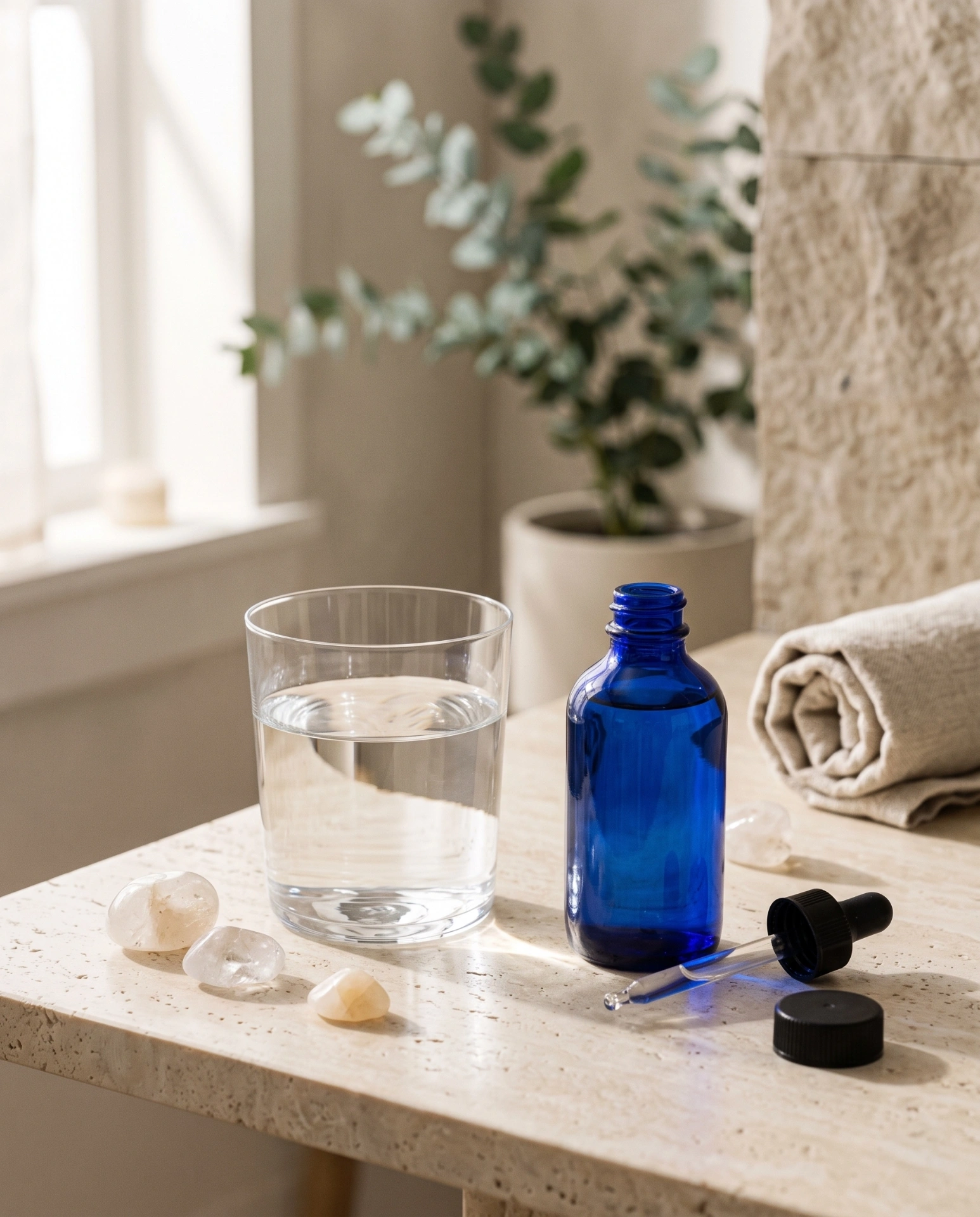 Foundation Ritual Daily hydration ritual with liquid trace minerals — cobalt blue ERYTH bottle beside a glass of water on a natural stone surface.