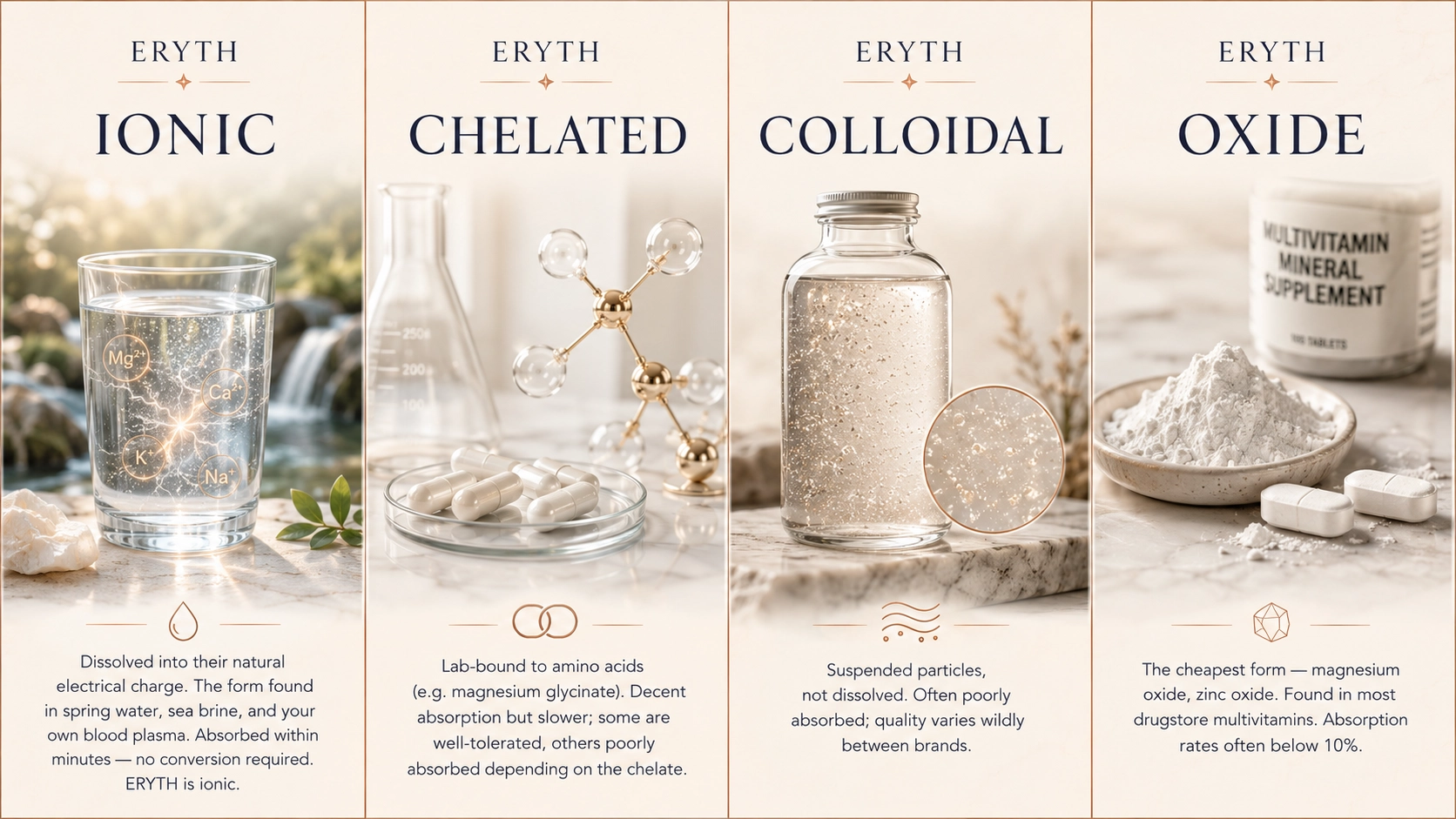 A side-by-side comparison of ionic, chelated, colloidal, and oxide mineral supplement forms.