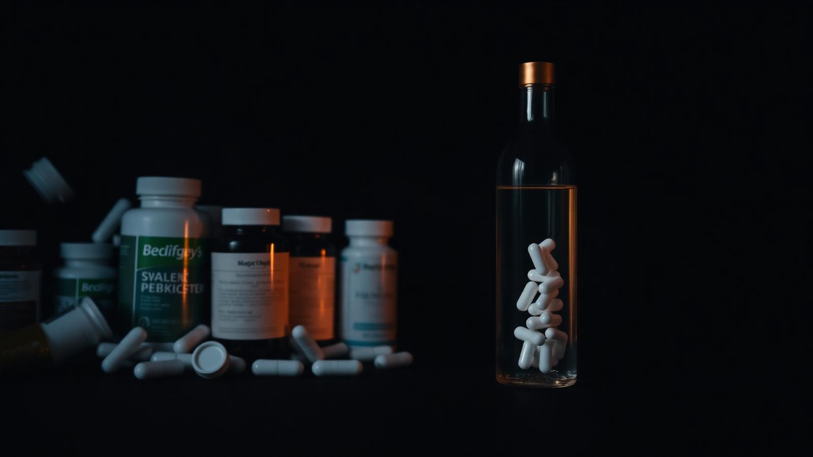 A row of supplement bottles fading into darkness beside a single glass water bottle lit in copper light