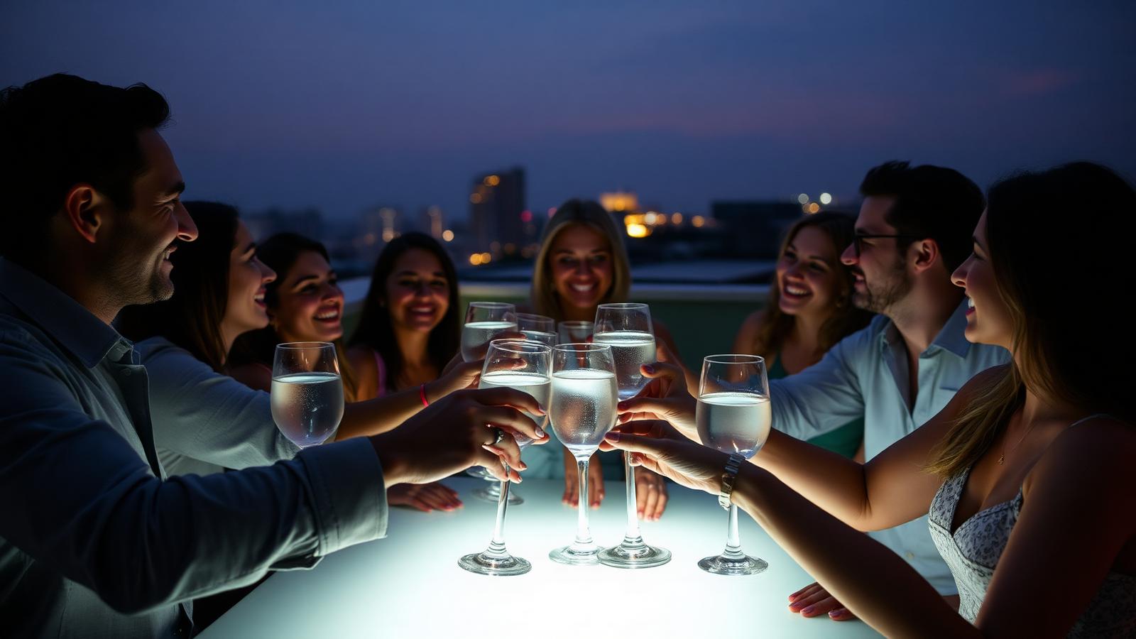 A group of friends raising glasses of clear mineral water together at a rooftop gathering at dusk